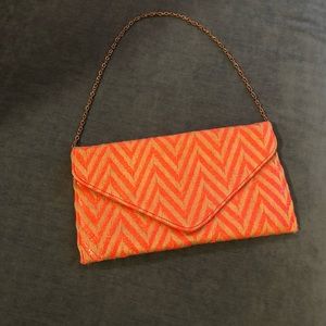 Small purse- Gold chain, orange and tan woven fabric